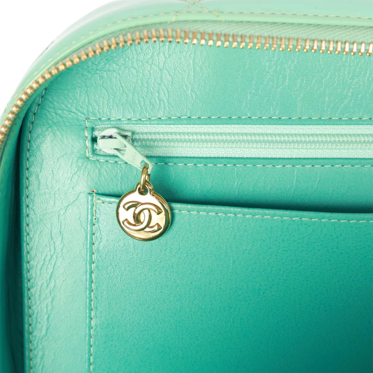 Vintage Chanel Vanity Case Bag Turquoise Patent Gold Hardware