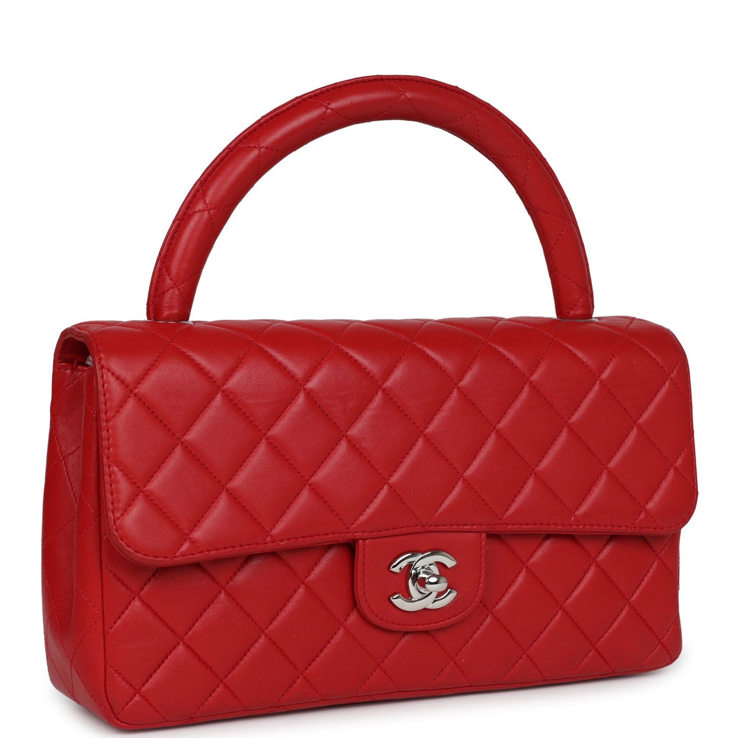 Vintage Chanel Kelly Parent Flap Bag Red Lambskin Silver Hardware