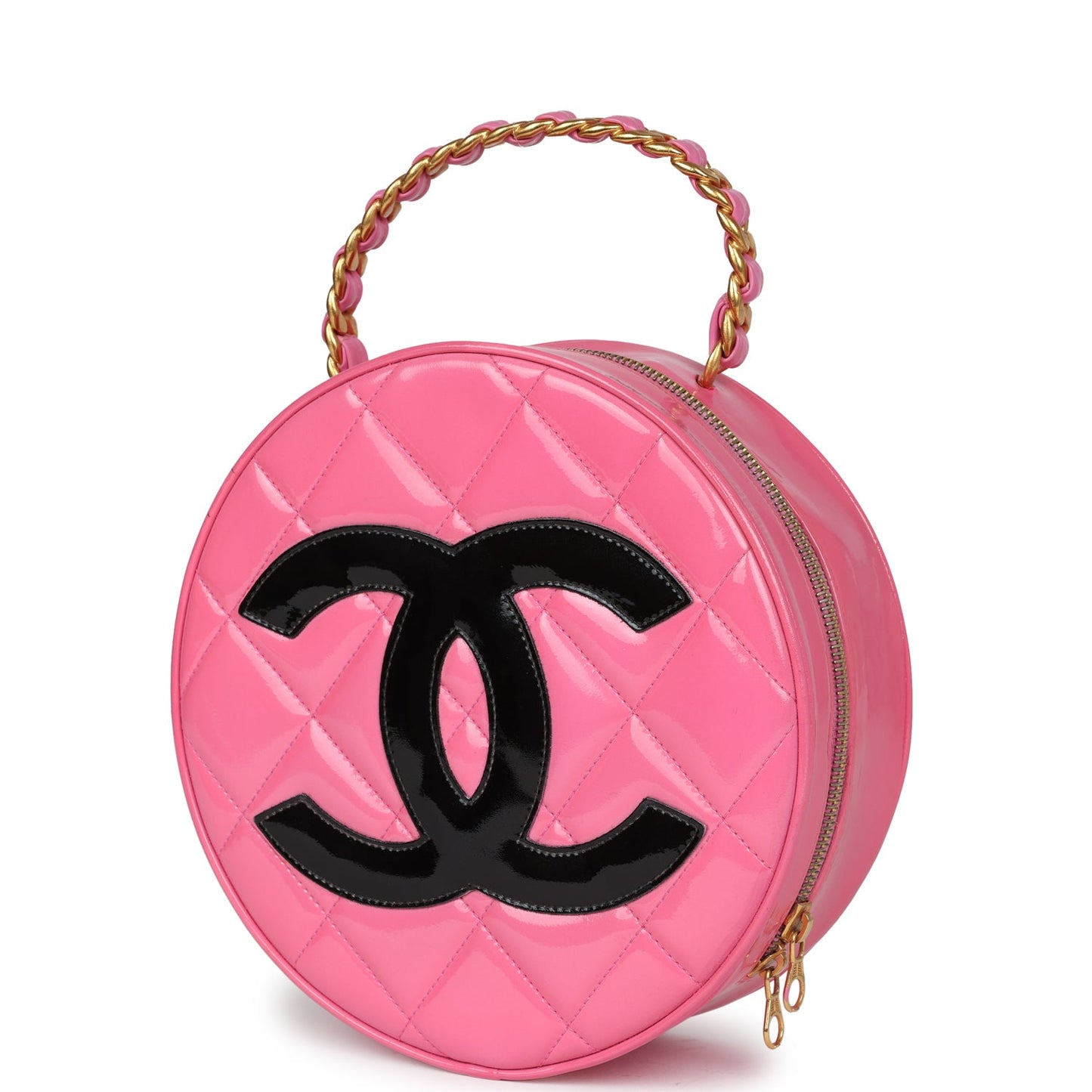 Vintage Chanel Round Vanity Bag Pink and Black Patent Leather Antique Gold Hardware