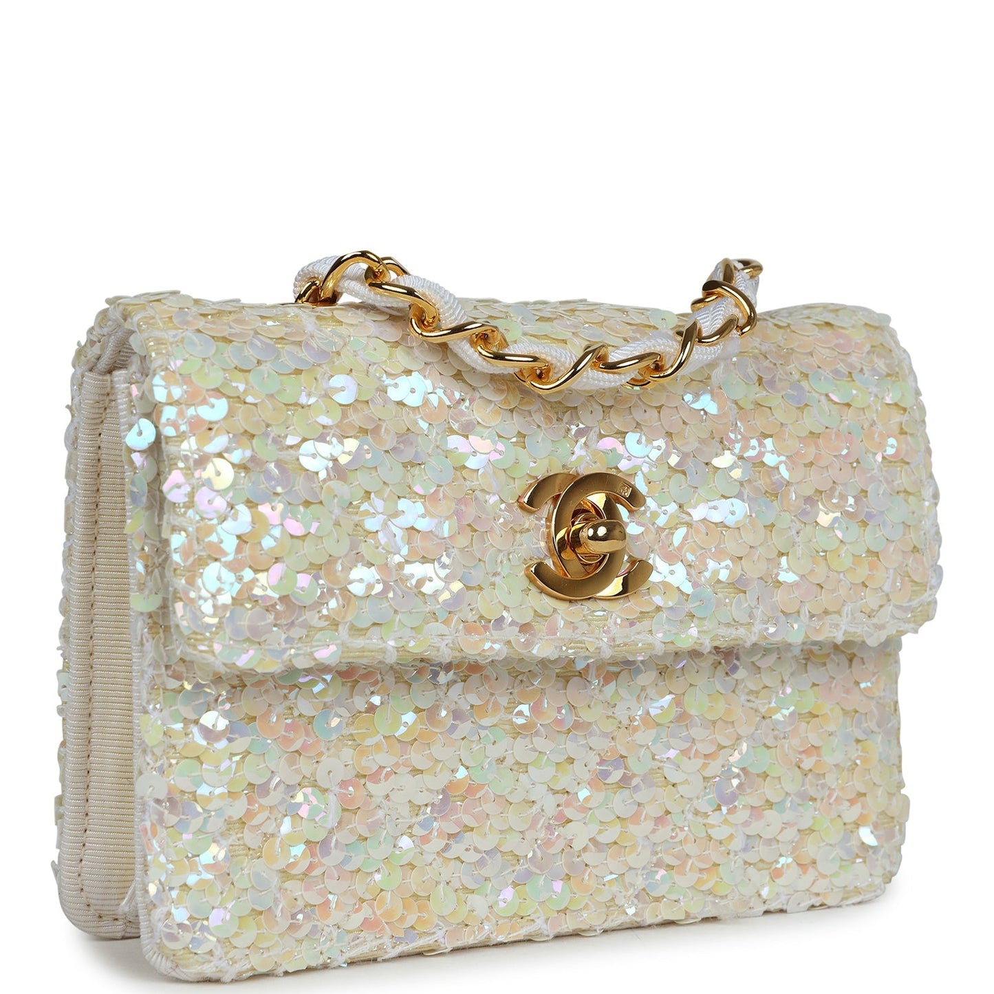 Vintage Chanel Micro Half Flap Iridescent Ivory Sequin Gold Hardware