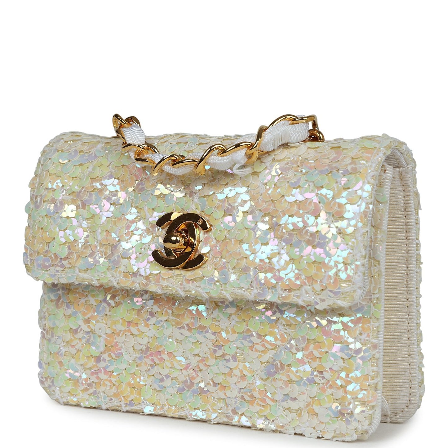 Vintage Chanel Micro Half Flap Iridescent Ivory Sequin Gold Hardware