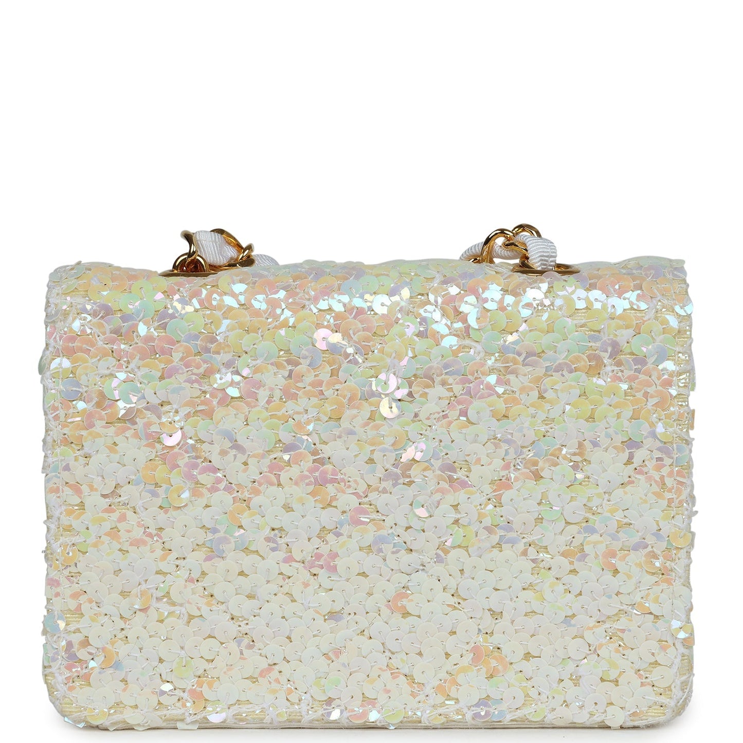 Vintage Chanel Micro Half Flap Iridescent Ivory Sequin Gold Hardware