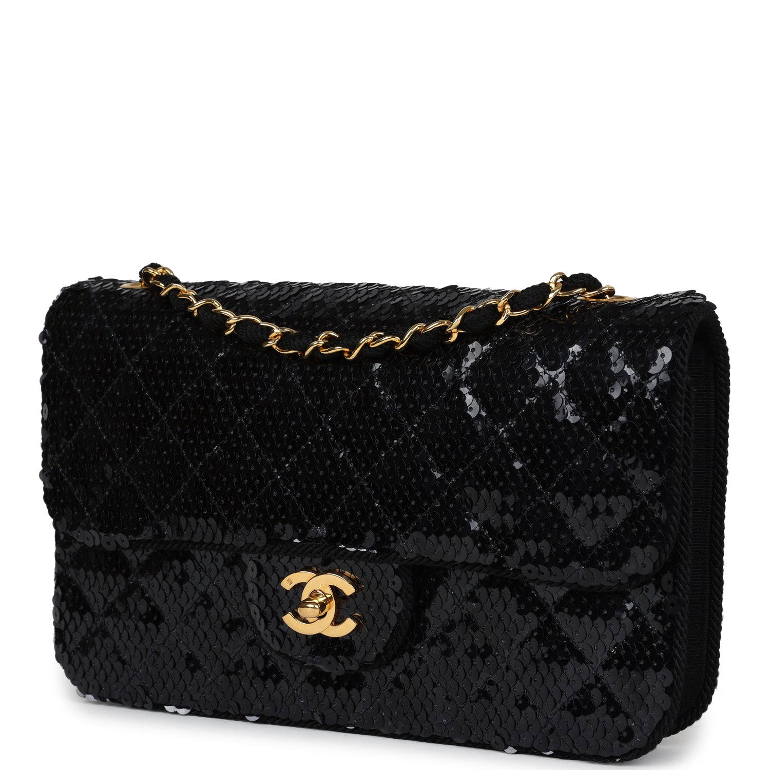 Vintage Chanel Small Flap Bag Black Sequin Gold Hardware - Bob Flawless Skincare 