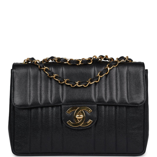 Vintage Chanel XL Jumbo Mademoiselle Vertical Flap Black Caviar Gold Hardware - Bob Flawless Skincare 