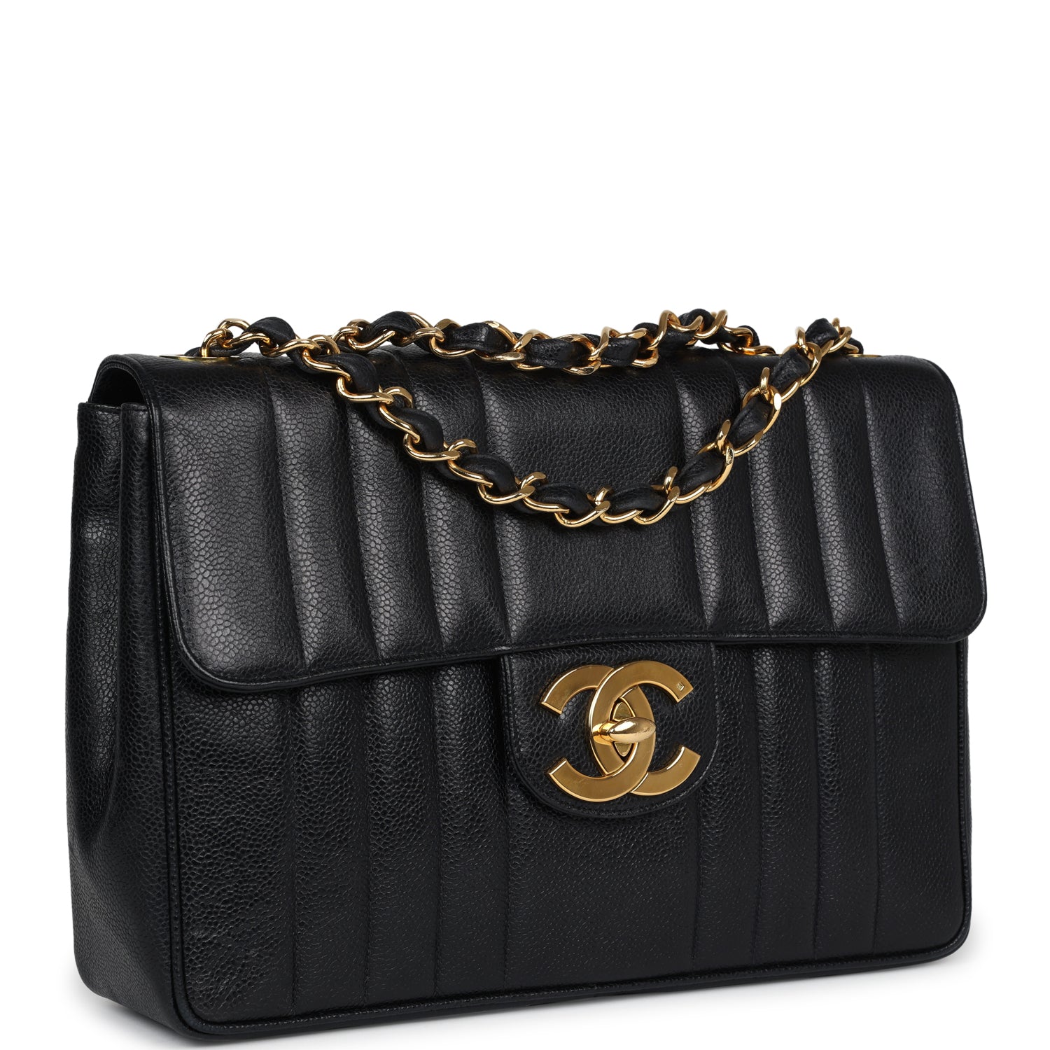 Vintage Chanel XL Jumbo Mademoiselle Vertical Flap Black Caviar Gold Hardware - Bob Flawless Skincare 