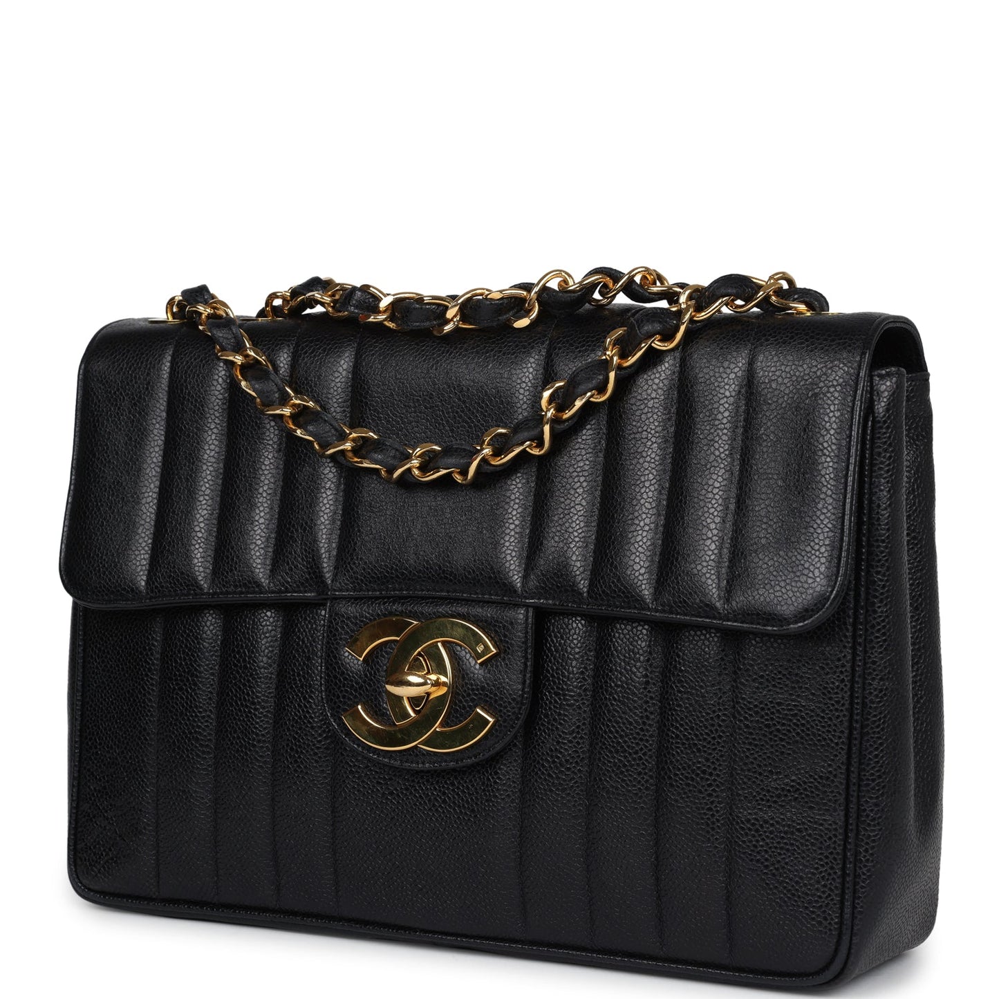 Vintage Chanel XL Jumbo Mademoiselle Vertical Flap Black Caviar Gold Hardware - Bob Flawless Skincare 