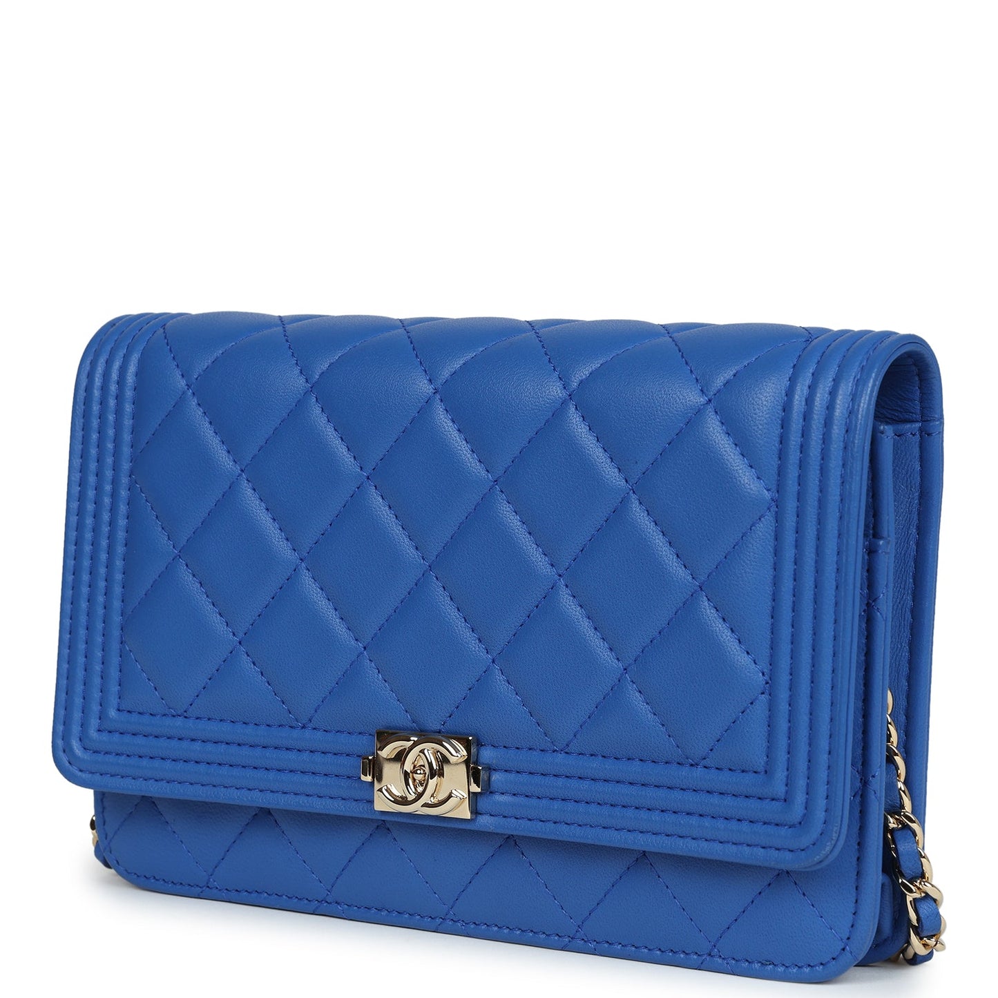 Chanel Boy Wallet On Chain WOC Electric Blue Lambskin Light Gold Hardware