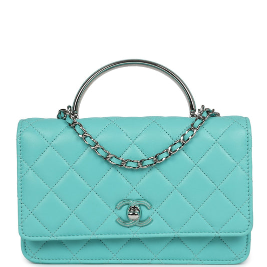 Chanel Top Handle Wallet On Chain WOC Turquoise Lambskin Silver Hardware