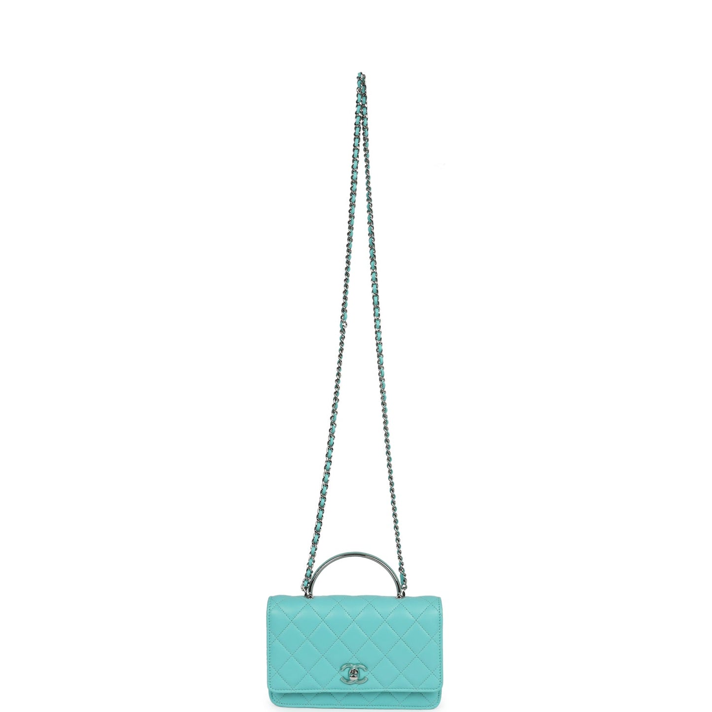 Chanel Top Handle Wallet On Chain WOC Turquoise Lambskin Silver Hardware