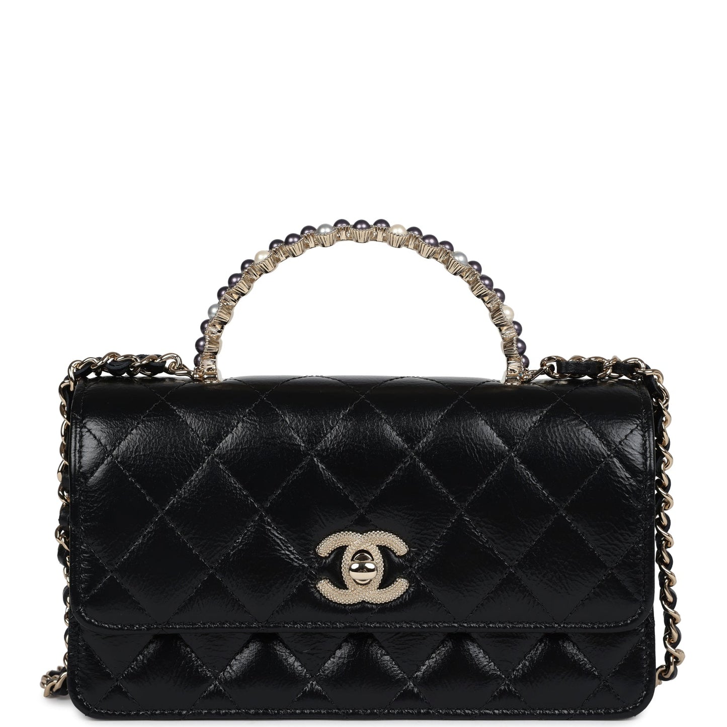 Chanel Pearl Top Handle Wallet on Chain WOC Black Shiny Aged Calfskin Light Gold Hardware