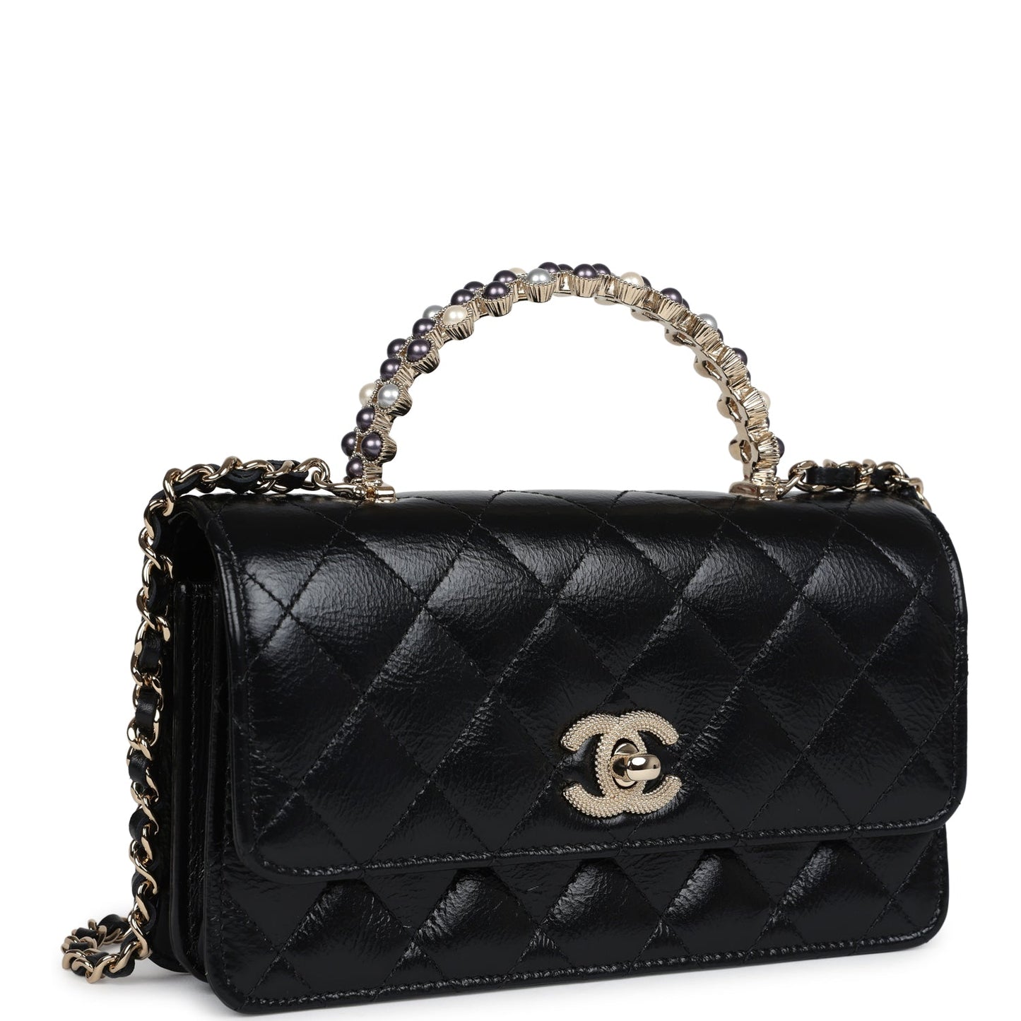 Chanel Pearl Top Handle Wallet on Chain WOC Black Shiny Aged Calfskin Light Gold Hardware