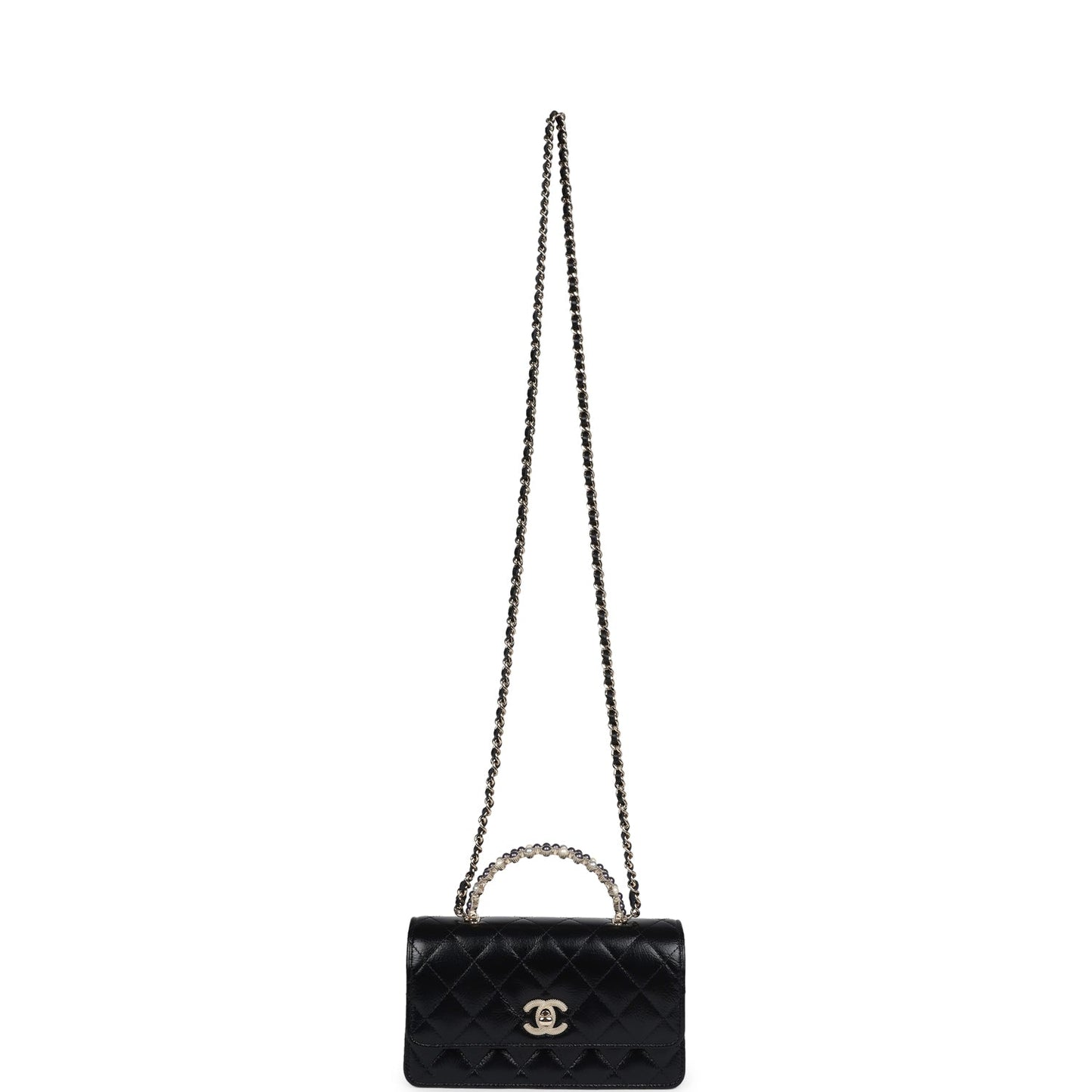 Chanel Pearl Top Handle Wallet on Chain WOC Black Shiny Aged Calfskin Light Gold Hardware