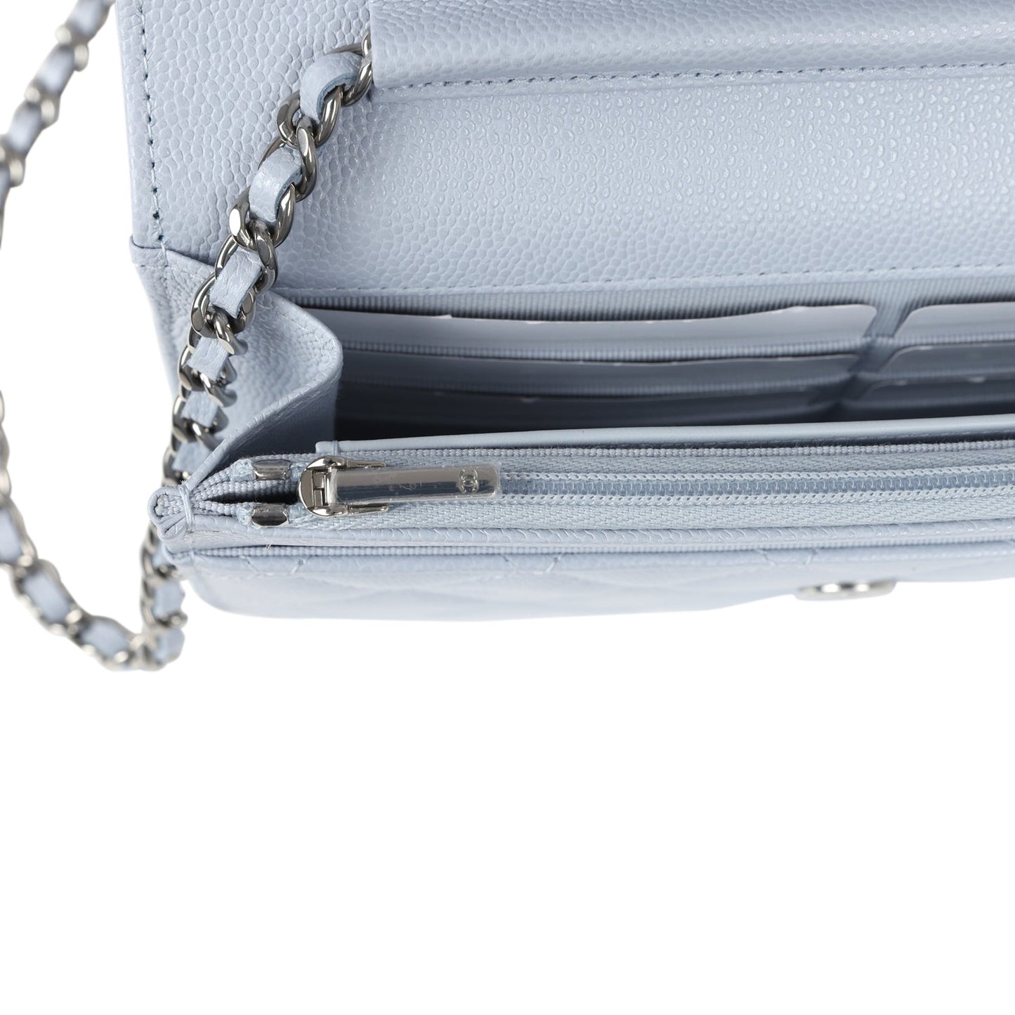 Chanel Wallet On Chain WOC Light Grey Shiny Caviar Silver Hardware