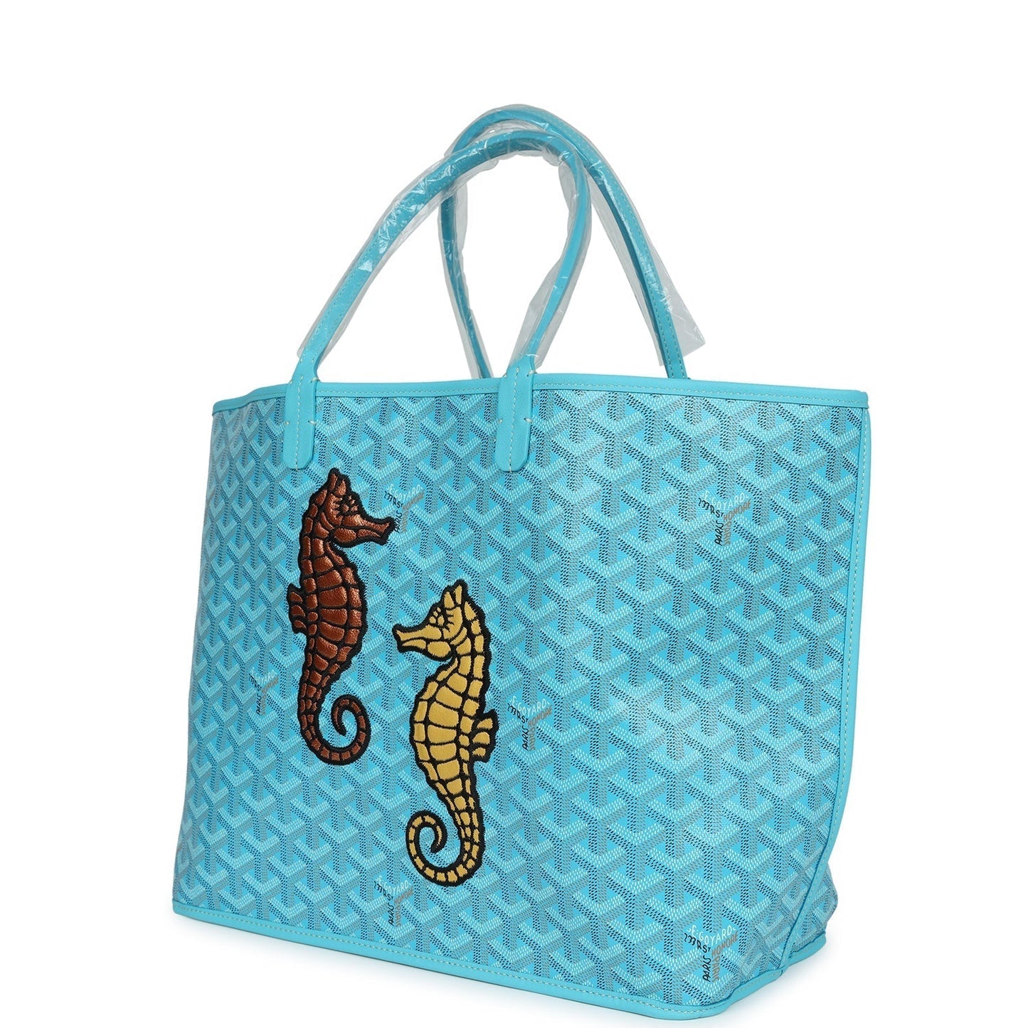 Goyard Goyardine Turquoise Anjou PM Embroidered Seahorse Bag Palladium Hardware