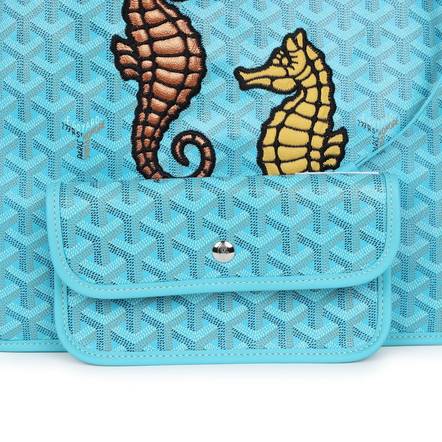 Goyard Goyardine Turquoise Anjou PM Embroidered Seahorse Bag Palladium Hardware