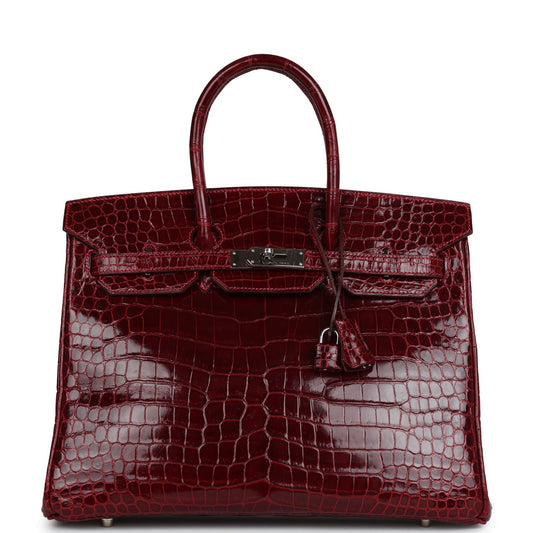 Pre-owned Hermes Birkin 35 Rouge H Shiny Porosus Crocodile Palladium Hardware