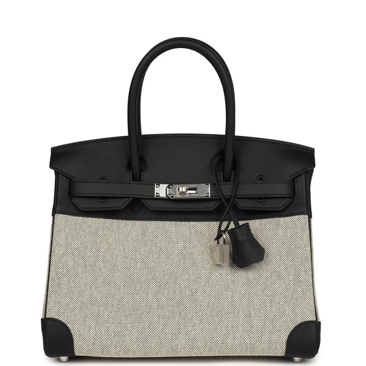 Hermes Birkin 30 Black Swift and Ecru Toile Palladium Hardware