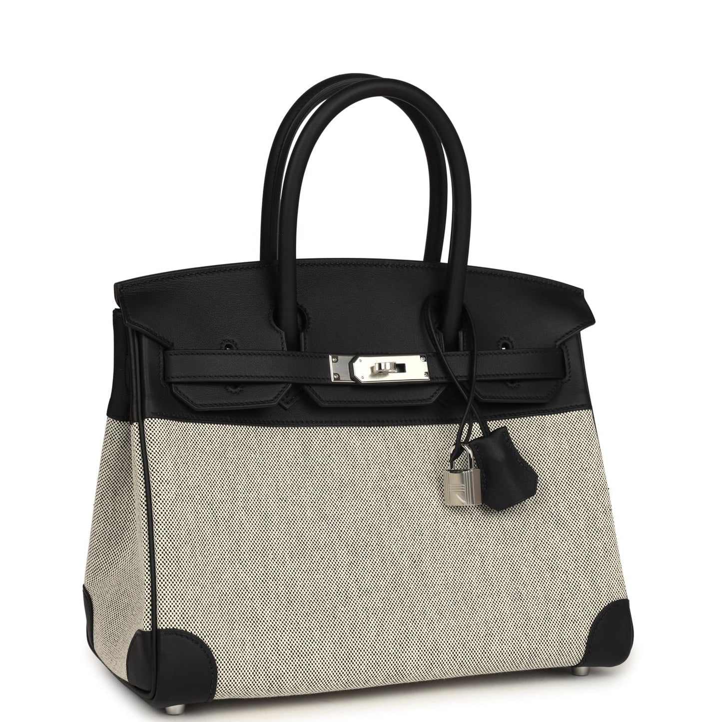 Hermes Birkin 30 Black Swift and Ecru Toile Palladium Hardware