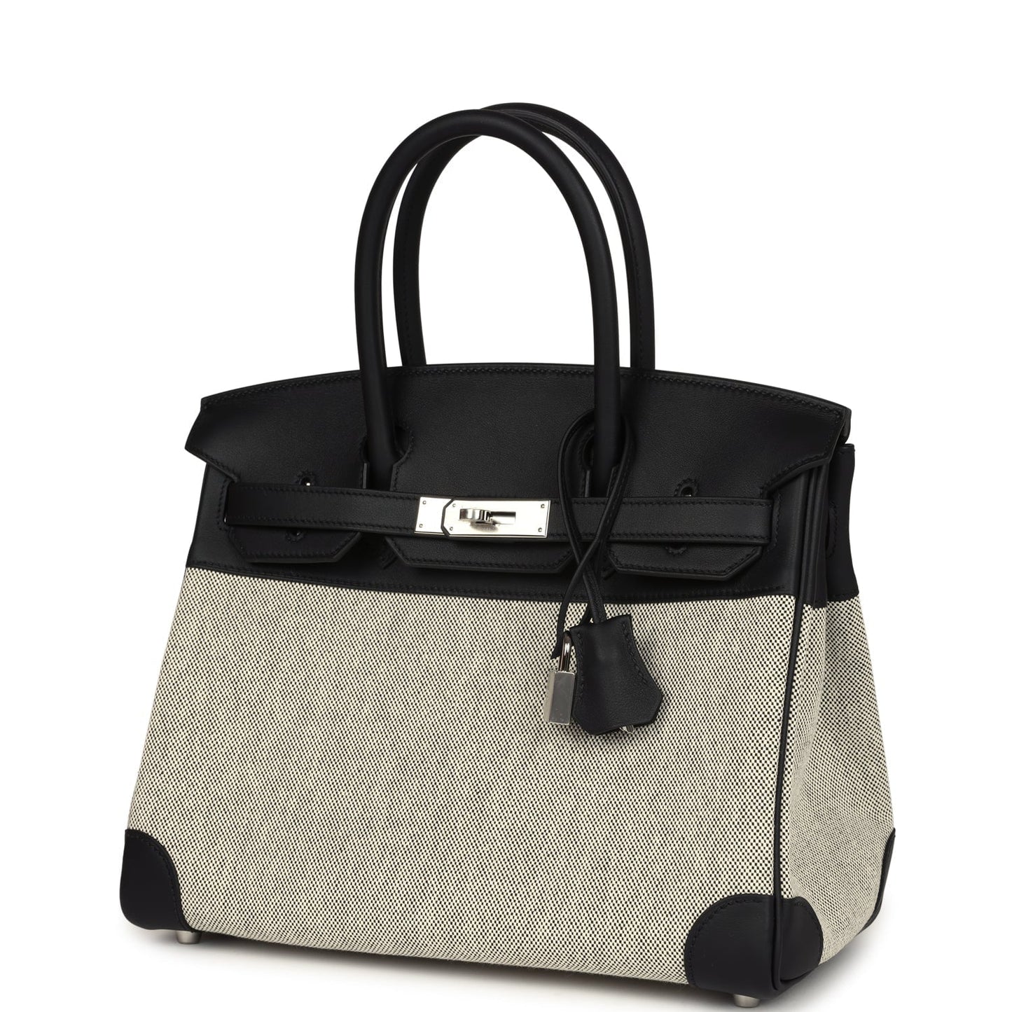 Hermes Birkin 30 Black Swift and Ecru Toile Palladium Hardware