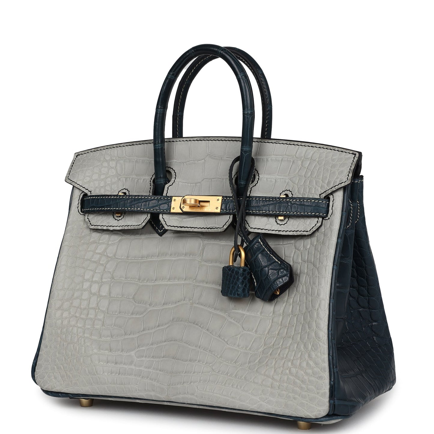 Hermes Special Order (HSS) Birkin 25 Gris Perle and Vert Rousseau Matte Alligator Brushed Gold Hardware