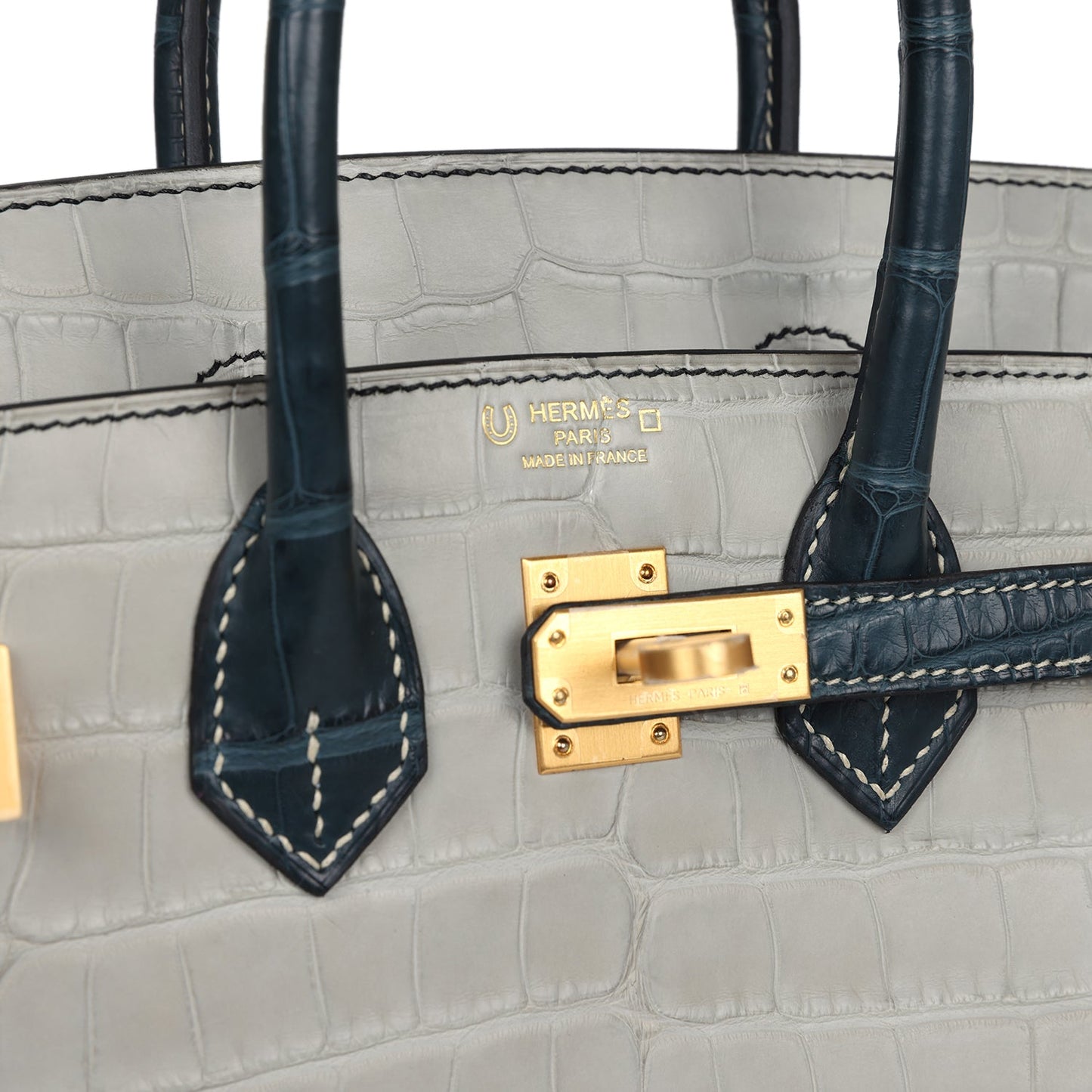 Hermes Special Order (HSS) Birkin 25 Gris Perle and Vert Rousseau Matte Alligator Brushed Gold Hardware