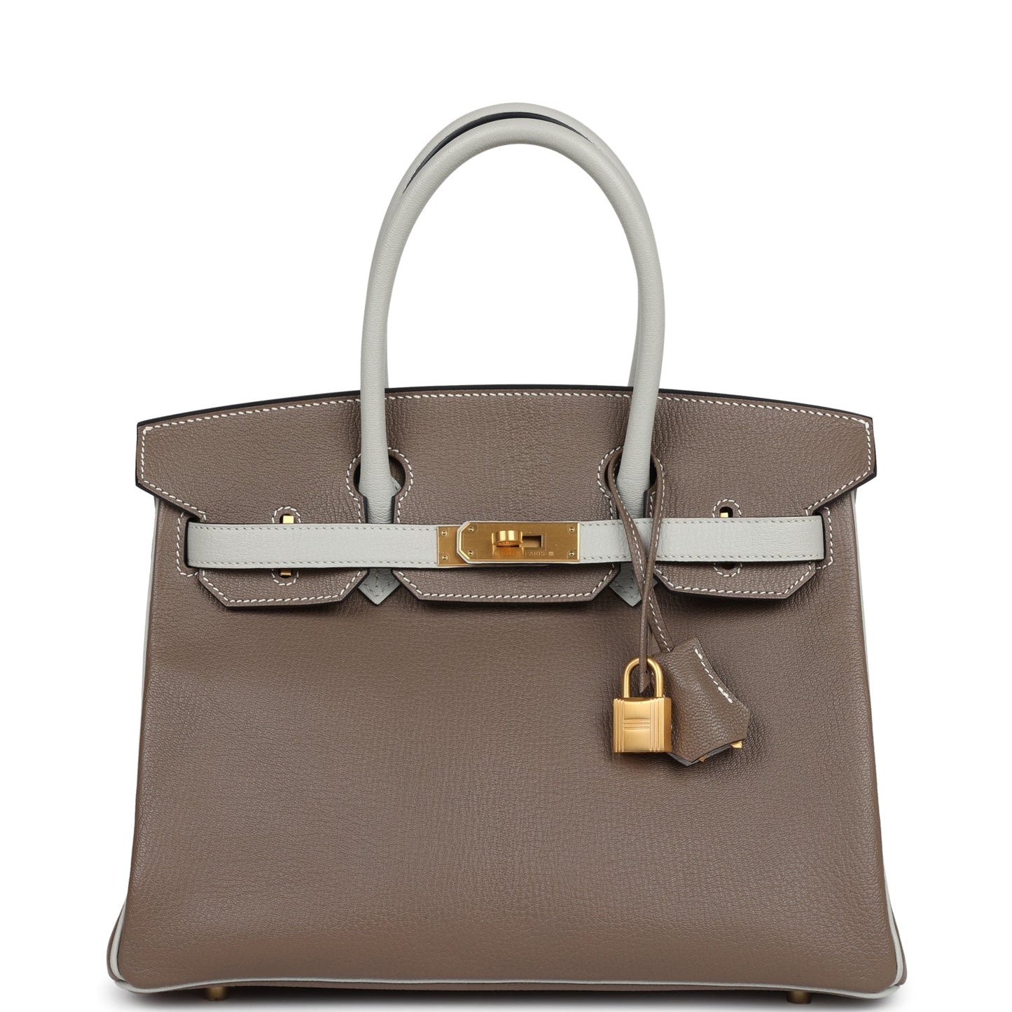 Pre-owned Hermes Special Order (HSS) Birkin 30 Etoupe and Gris Pearl Chevre Brushed Gold Hardware