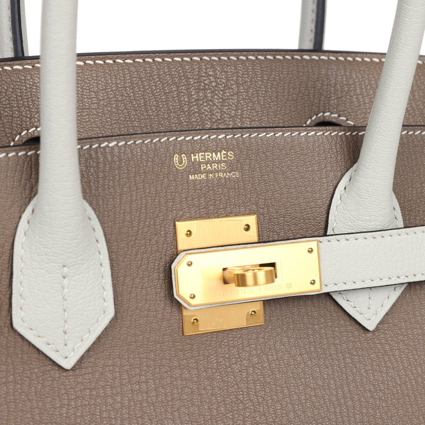 Pre-owned Hermes Special Order (HSS) Birkin 30 Etoupe and Gris Pearl Chevre Brushed Gold Hardware