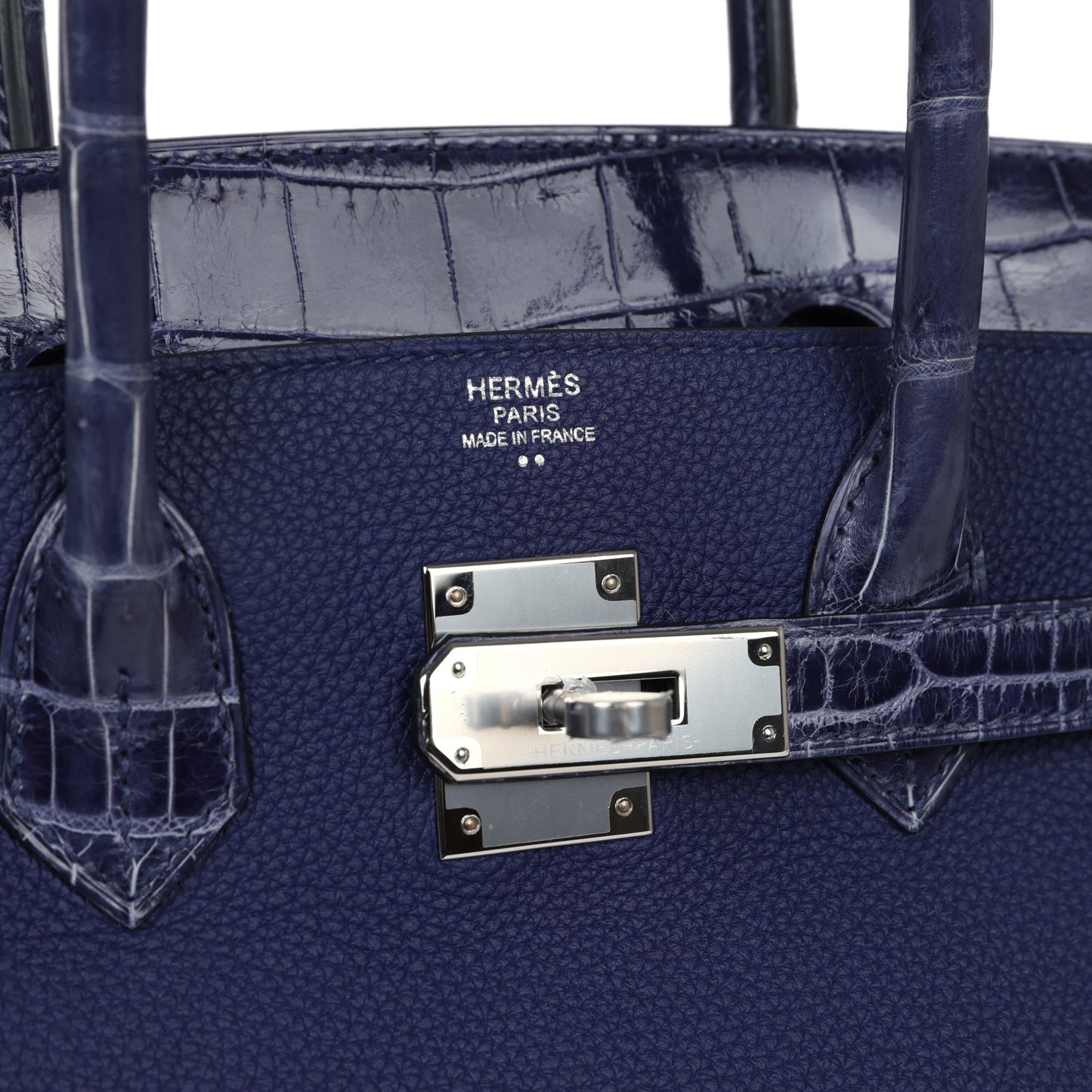 Hermes Birkin 30 Bleu Encre Togo and Shiny Niloticus Crocodile Touch Palladium Hardware