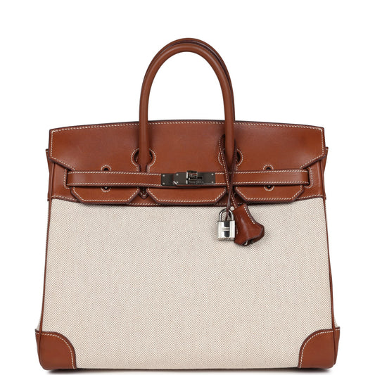 Pre-owned Hermes HAC Birkin 32 Toile and Fauve Barenia Palladium Hardware - Bob Flawless Skincare 