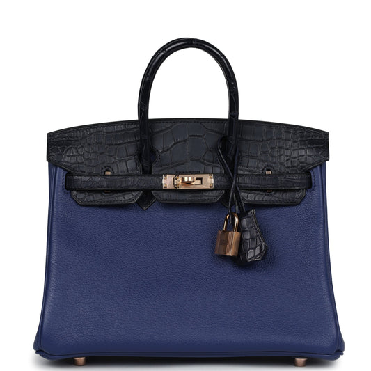 Hermes Birkin 25 Bleu Saphir Taurillion Novillo and Bleu Marine Matte Alligator Touch Rose Gold Hardware - Bob Flawless Skincare 