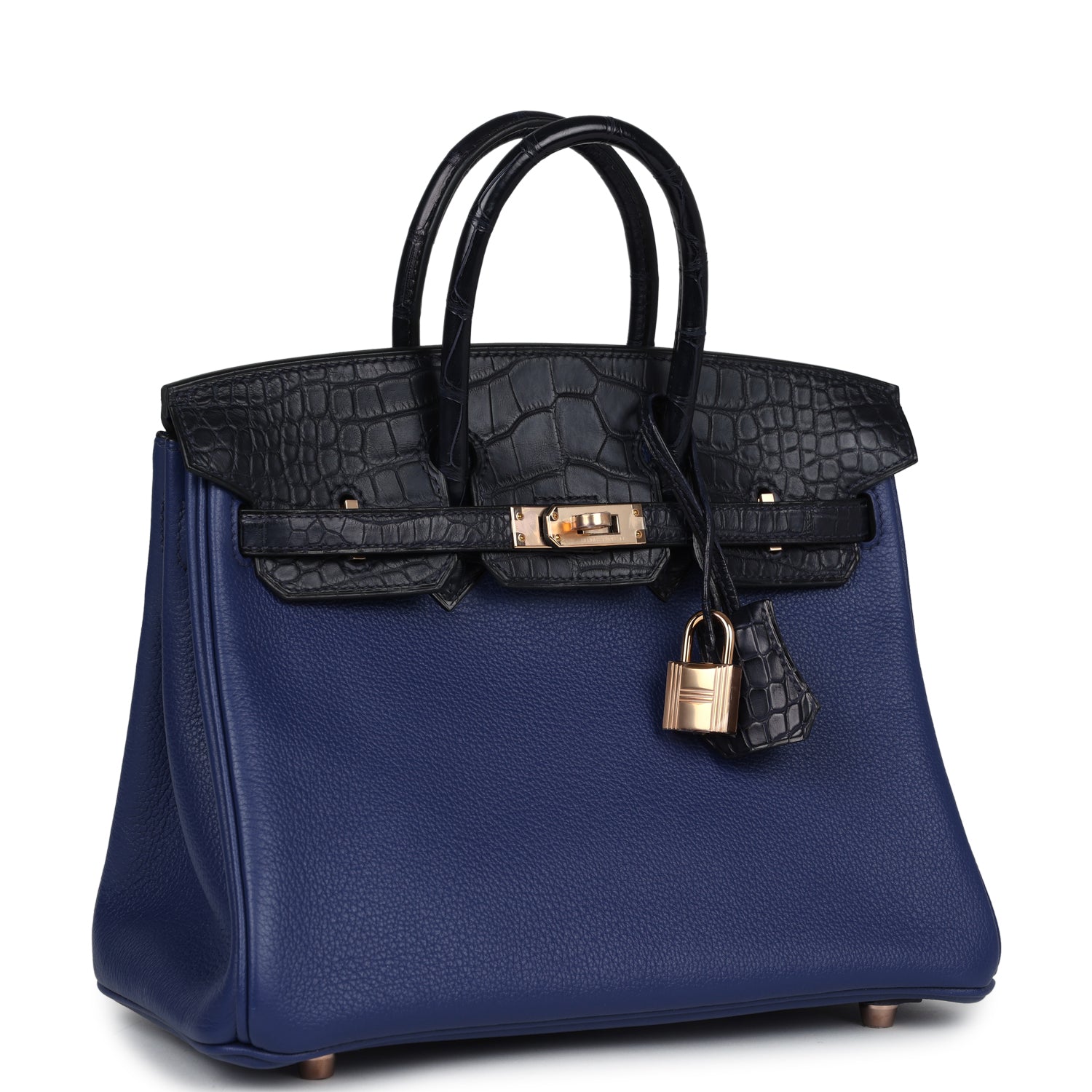 Hermes Birkin 25 Bleu Saphir Taurillion Novillo and Bleu Marine Matte Alligator Touch Rose Gold Hardware - Bob Flawless Skincare 