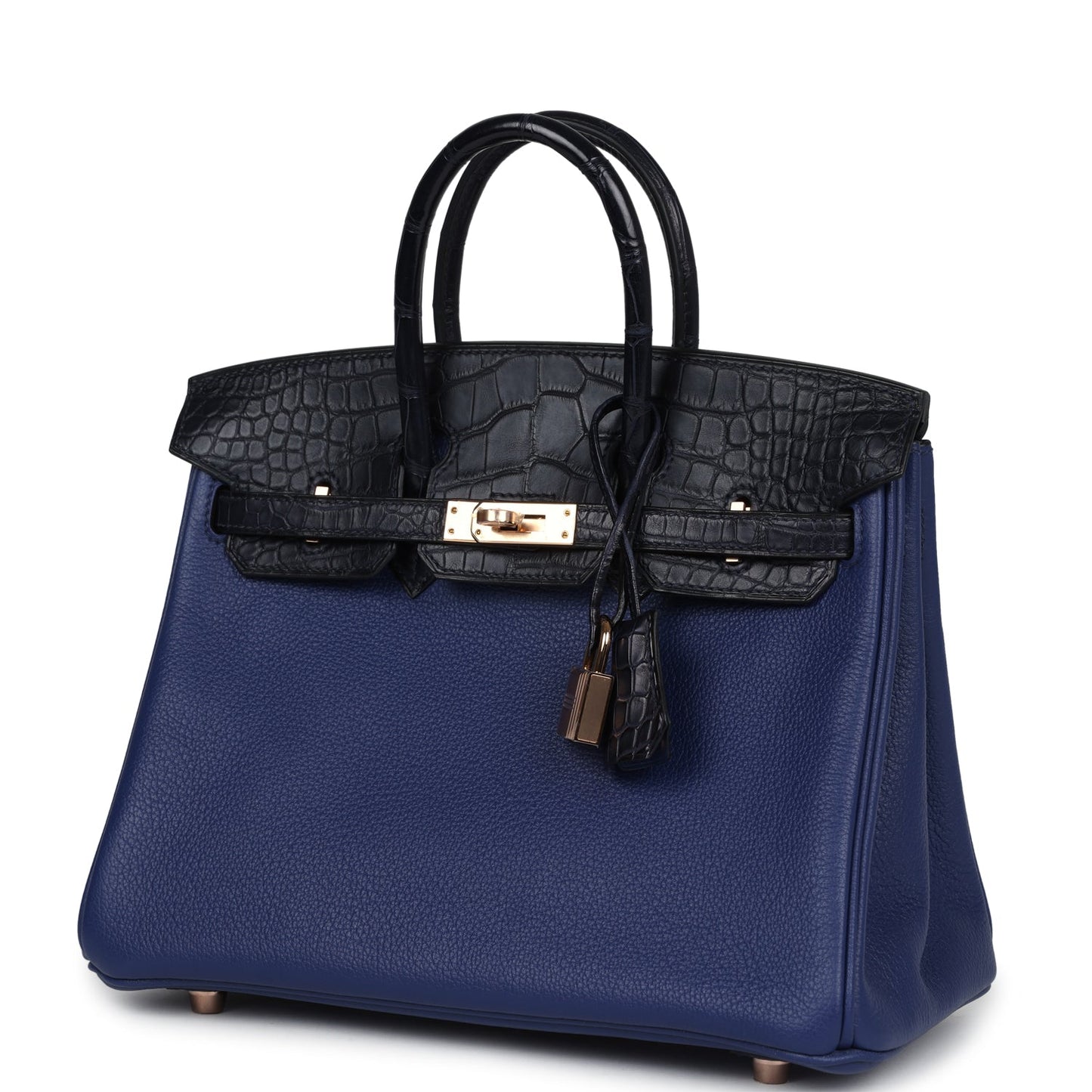 Hermes Birkin 25 Bleu Saphir Taurillion Novillo and Bleu Marine Matte Alligator Touch Rose Gold Hardware - Bob Flawless Skincare 