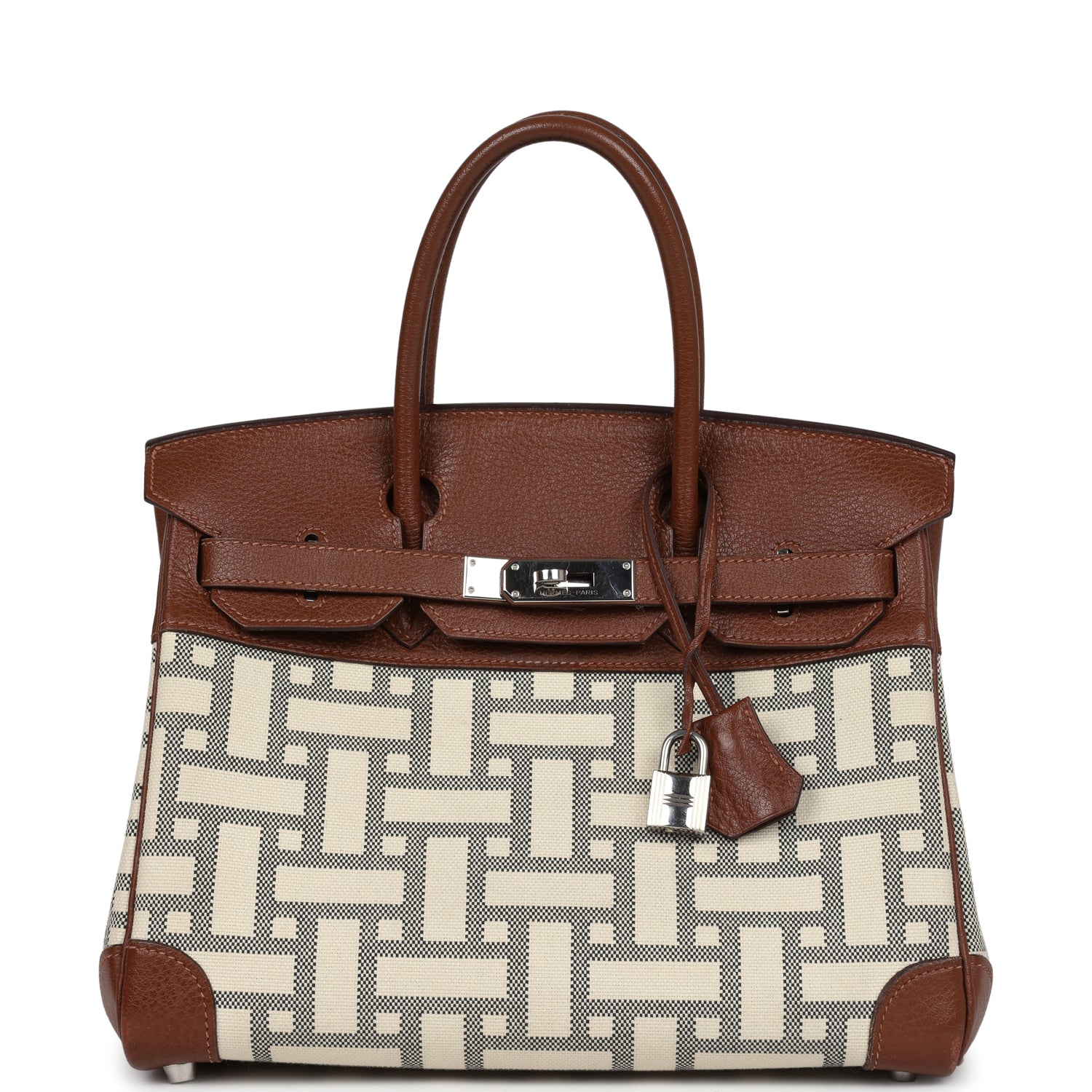 Pre-owned Hermes Birkin 30 Marron D'Inde Buffalo and Mosaique Canvas Palladium Hardware - Bob Flawless Skincare 