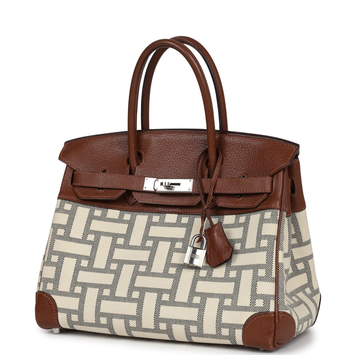 Pre-owned Hermes Birkin 30 Marron D'Inde Buffalo and Mosaique Canvas Palladium Hardware - Bob Flawless Skincare 