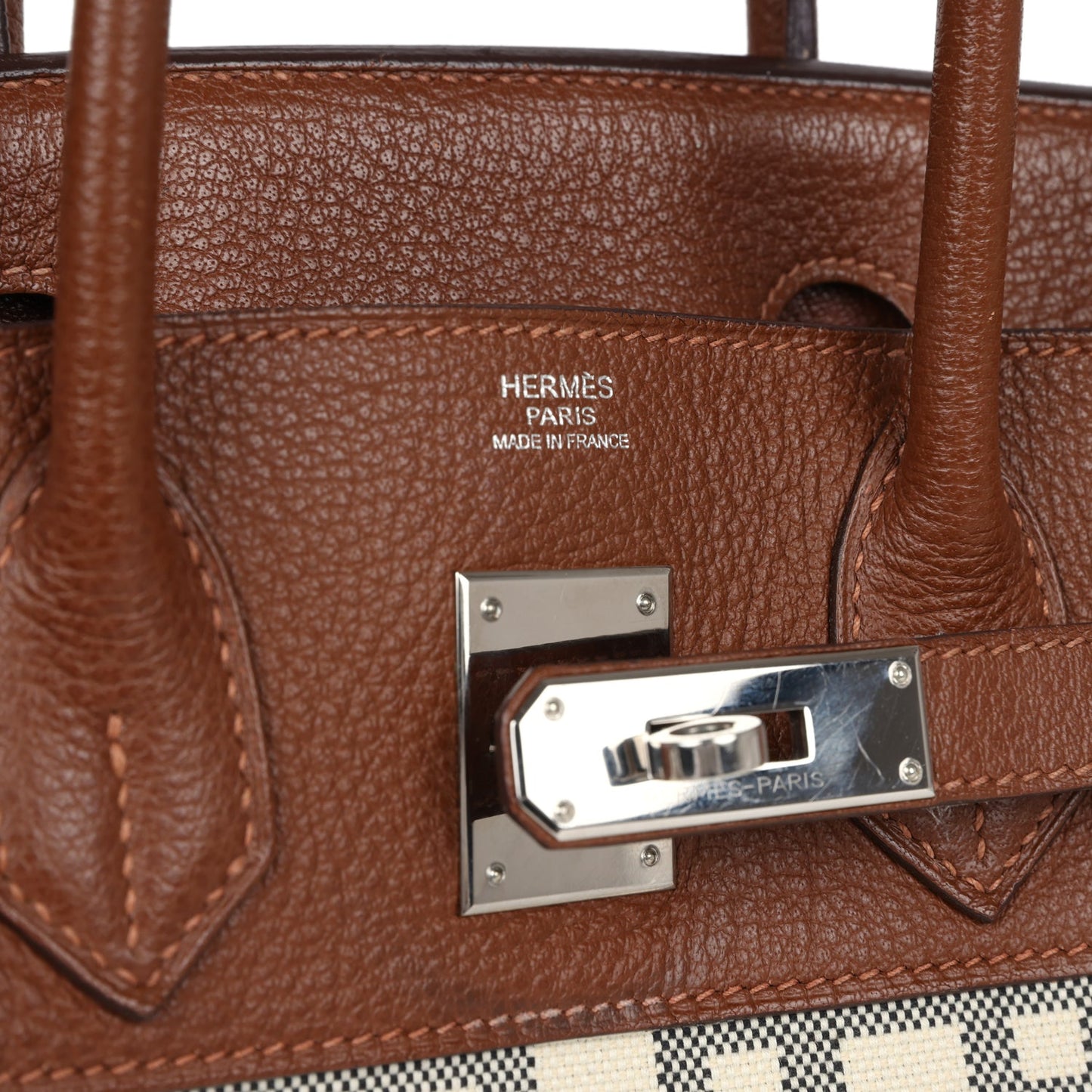 Pre-owned Hermes Birkin 30 Marron D'Inde Buffalo and Mosaique Canvas Palladium Hardware - Bob Flawless Skincare 