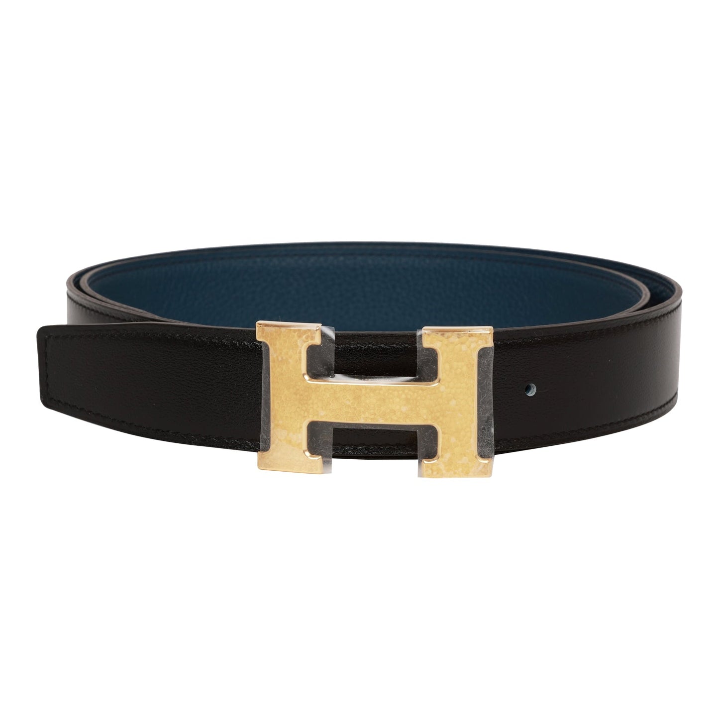 Hermes 32mm Reversible Black/Bleu de Prusse Constance H Belt 95cm Martelee Gold Buckle - Bob Flawless Skincare 