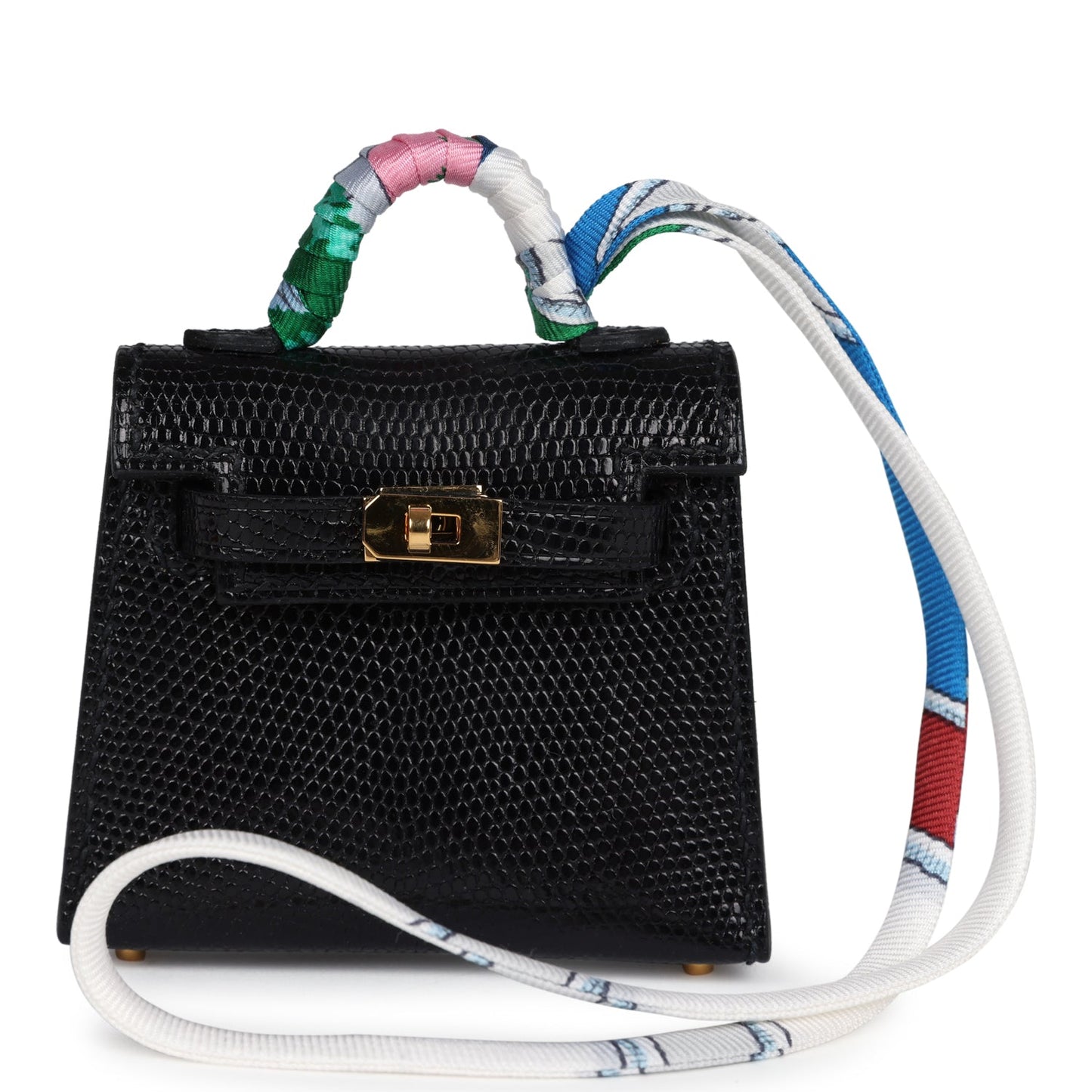 Hermes Mini Kelly Twilly Bag Charm Black Shiny Niloticus Lizard Gold Hardware