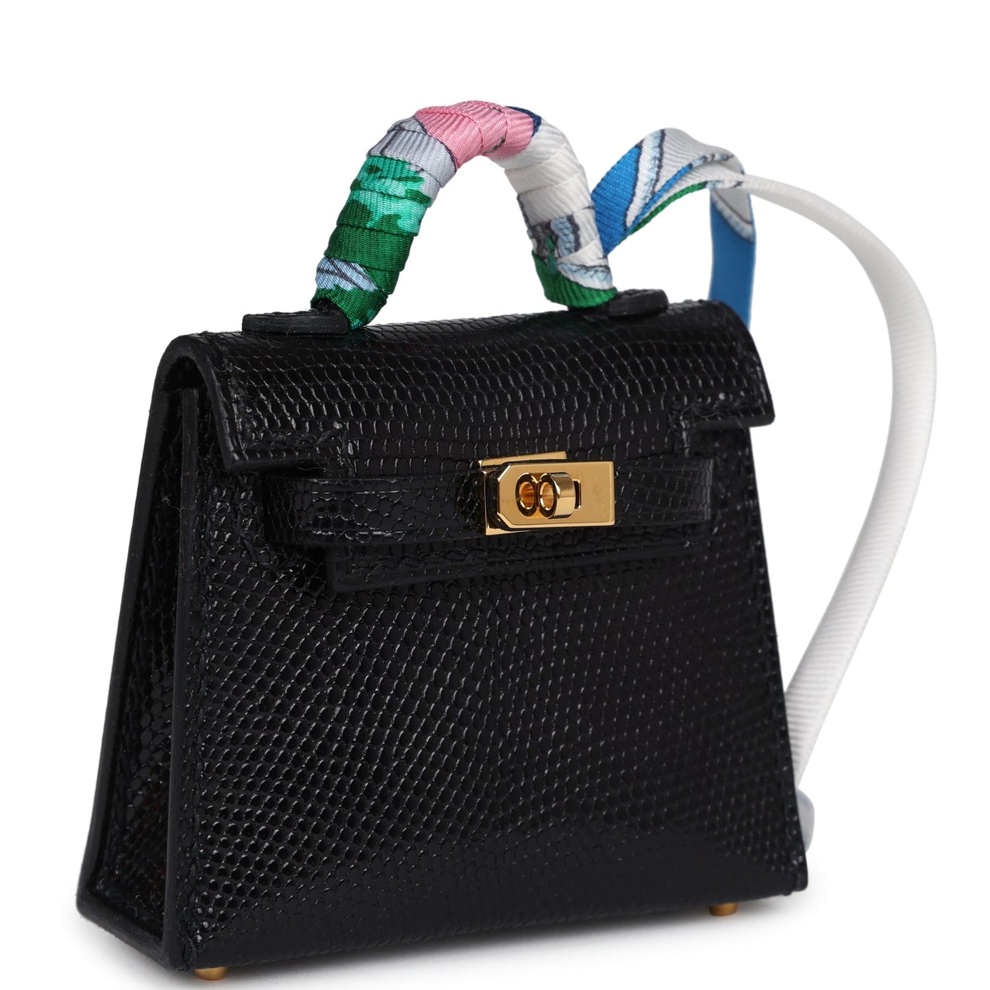 Hermes Mini Kelly Twilly Bag Charm Black Shiny Niloticus Lizard Gold Hardware