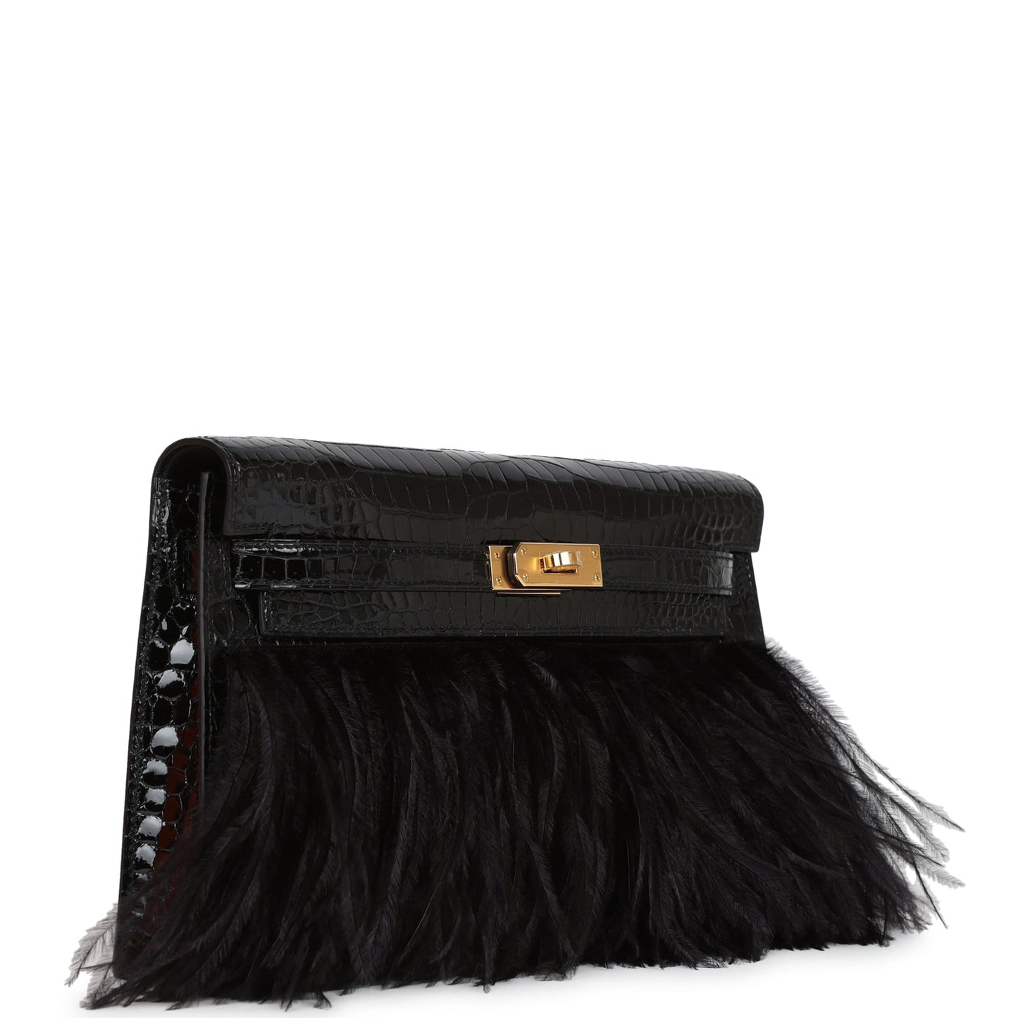 Hermes Kelly Elan Foile Black Shiny Porosus Crocodile and Ostrich Feather Gold Hardware