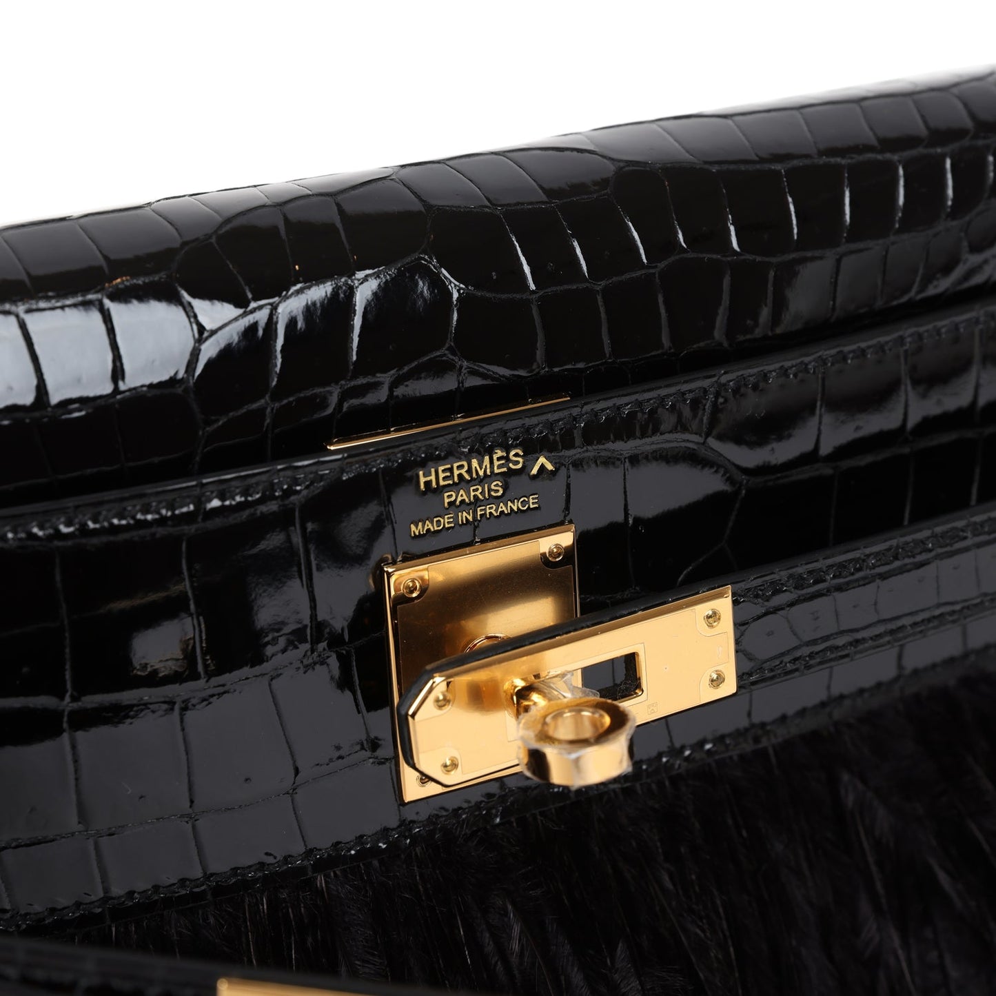 Hermes Kelly Elan Foile Black Shiny Porosus Crocodile and Ostrich Feather Gold Hardware