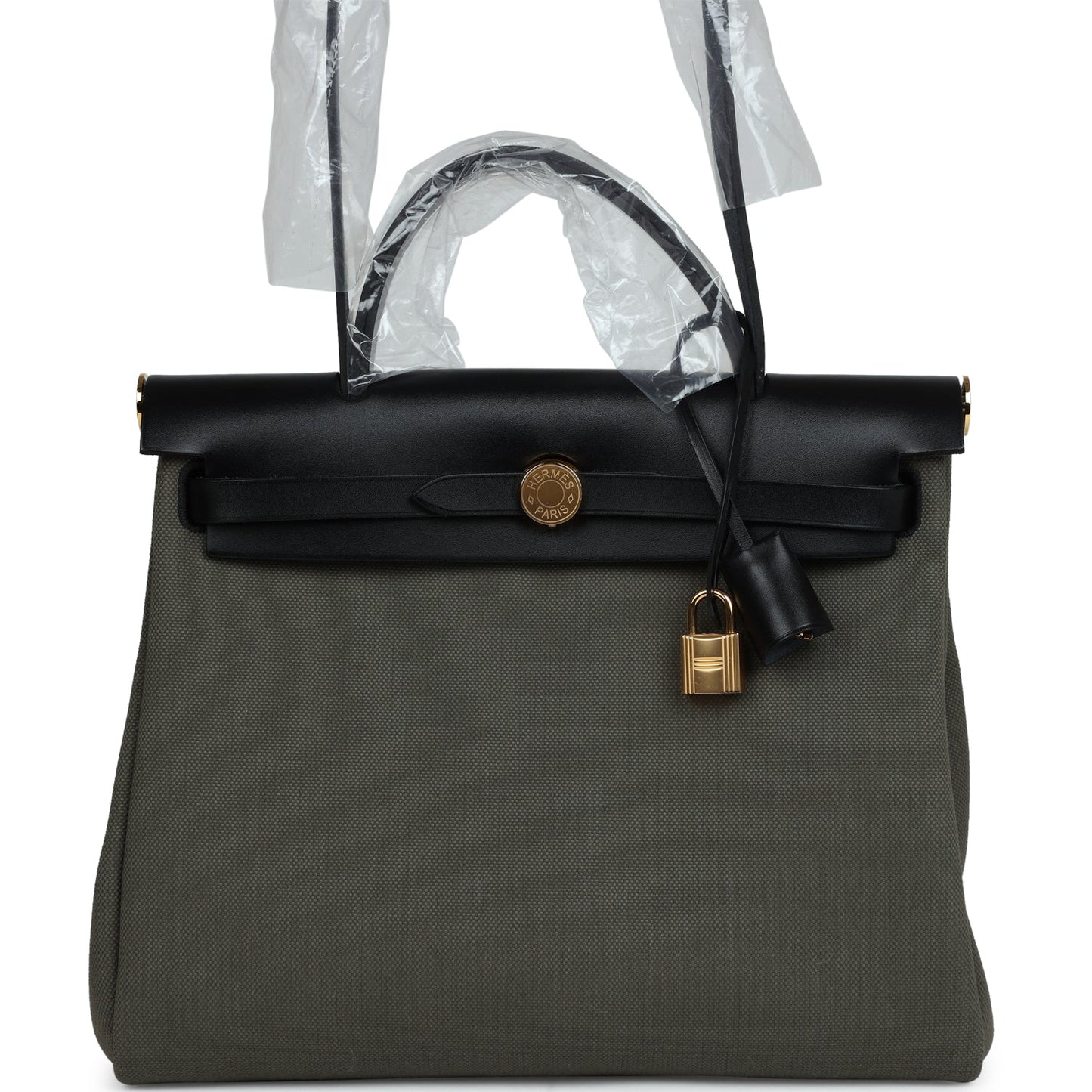 Hermes Herbag Zip PM 31 Black Hunter Leather and Vert De Gris Military Canvas Gold Hardware