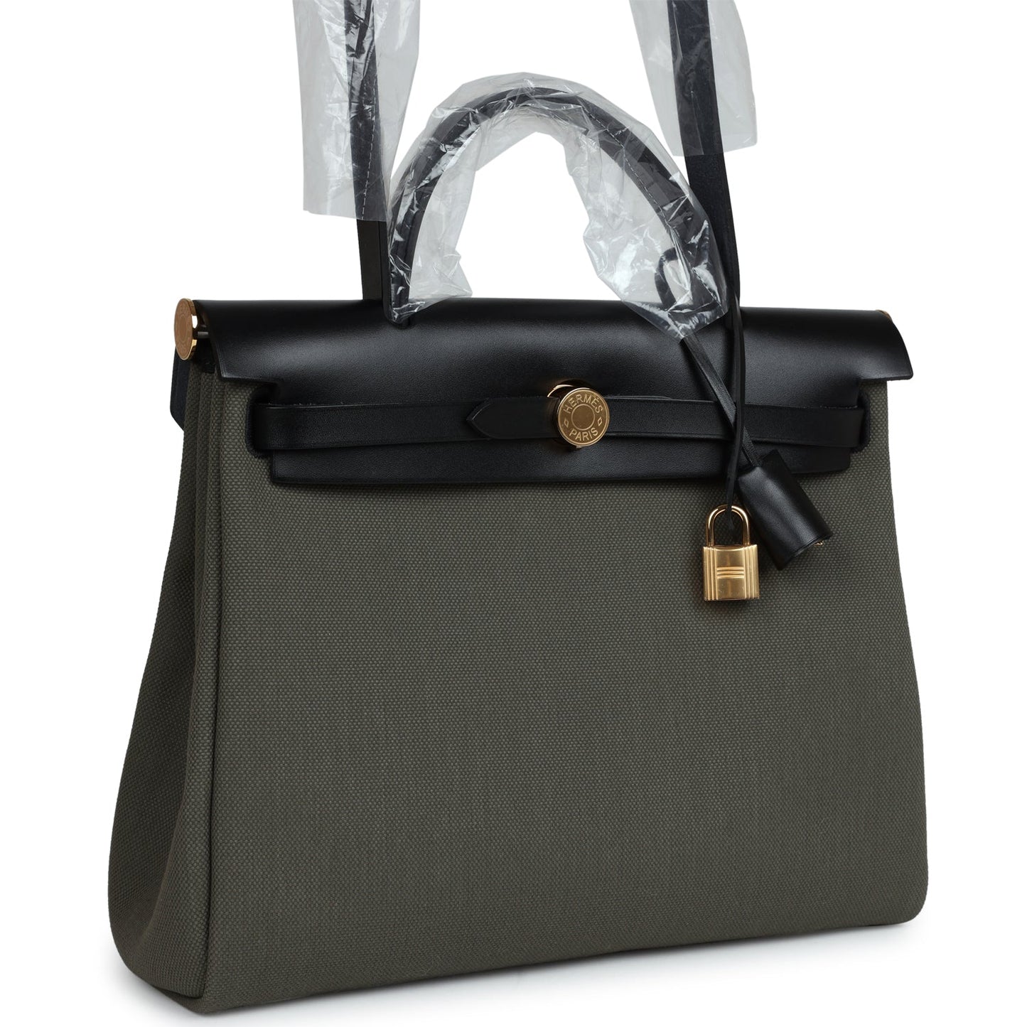 Hermes Herbag Zip PM 31 Black Hunter Leather and Vert De Gris Military Canvas Gold Hardware