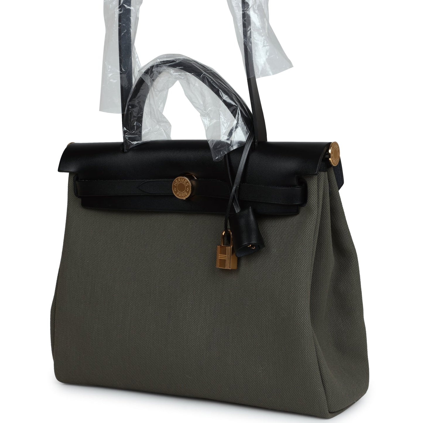 Hermes Herbag Zip PM 31 Black Hunter Leather and Vert De Gris Military Canvas Gold Hardware