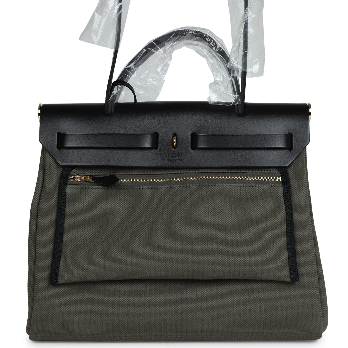 Hermes Herbag Zip PM 31 Black Hunter Leather and Vert De Gris Military Canvas Gold Hardware