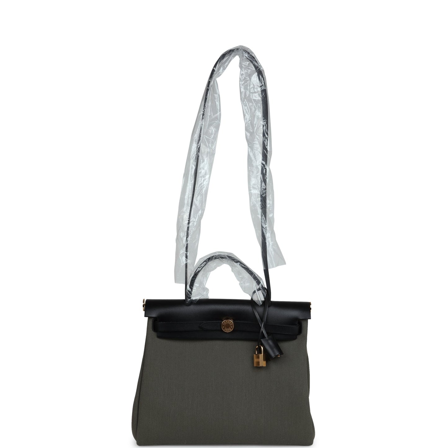 Hermes Herbag Zip PM 31 Black Hunter Leather and Vert De Gris Military Canvas Gold Hardware