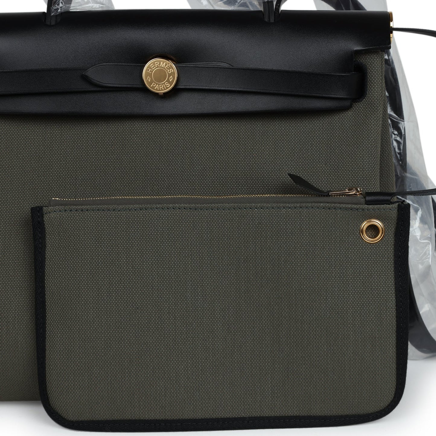 Hermes Herbag Zip PM 31 Black Hunter Leather and Vert De Gris Military Canvas Gold Hardware