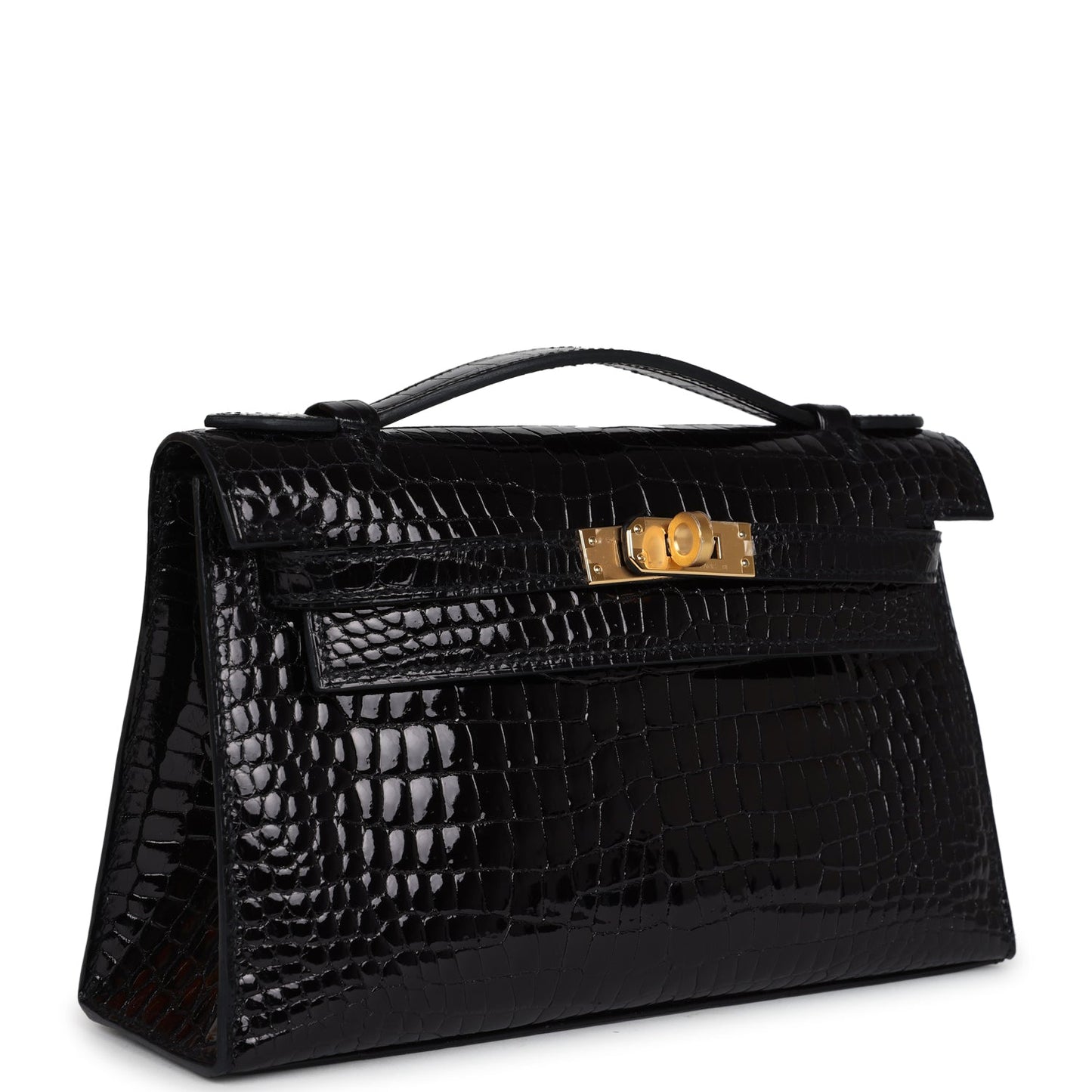 Hermes Kelly Pochette Black Shiny Porosus Crocodile Gold Hardware