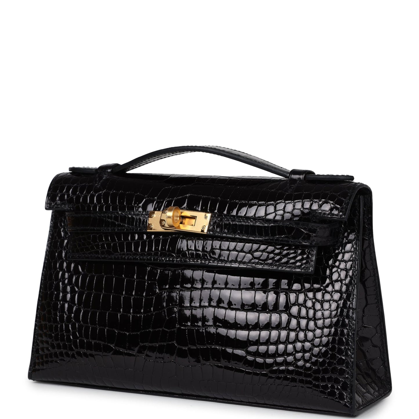 Hermes Kelly Pochette Black Shiny Porosus Crocodile Gold Hardware