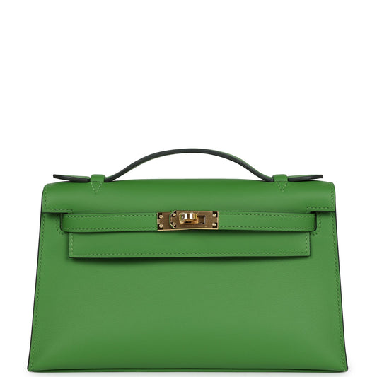 Hermes Kelly Pochette Vert Yucca Swift Gold Hardware