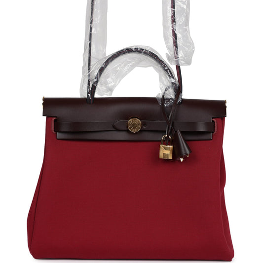 Hermes Herbag Zip 31 PM Rubis Toile and Rouge Sellier Vache Hunter Gold Hardware - Bob Flawless Skincare 